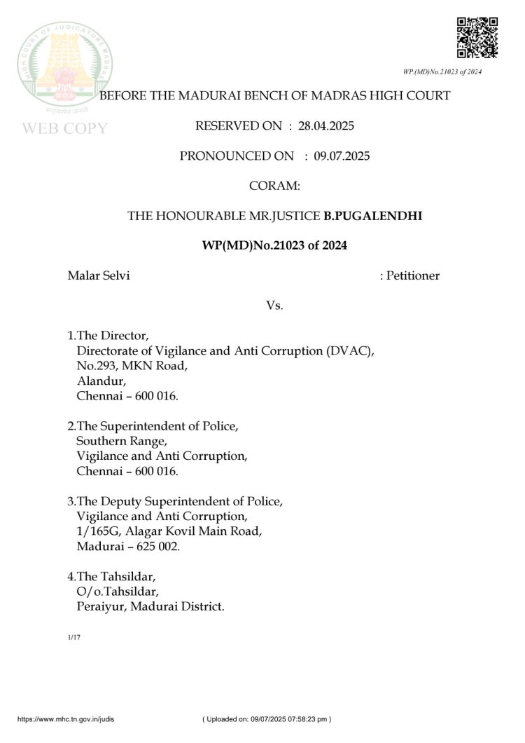 போலி பத்திரம் பதிவு செய்ய மின்னல் வேகத்தில் பட்டா வழங்கிய வருவாய் அலுவலர்கள் மீது ஊழல் தடுப்பு மற்றும் கண்காணிப்பு துறை (விஜிலென்ஸ் - DVAC) FIR பதிவு செய்து கைது செய்ய மதுரை ஐகோர்ட் உத்தரவு.